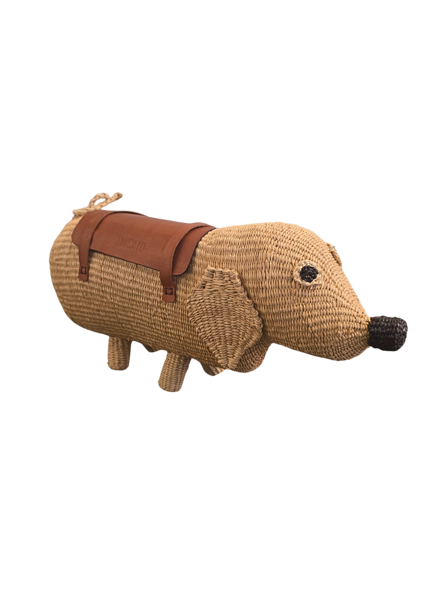 Woven Dachshund bag with brown leather accents 
