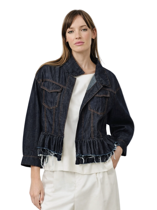  dark denim jacket with frayed hem