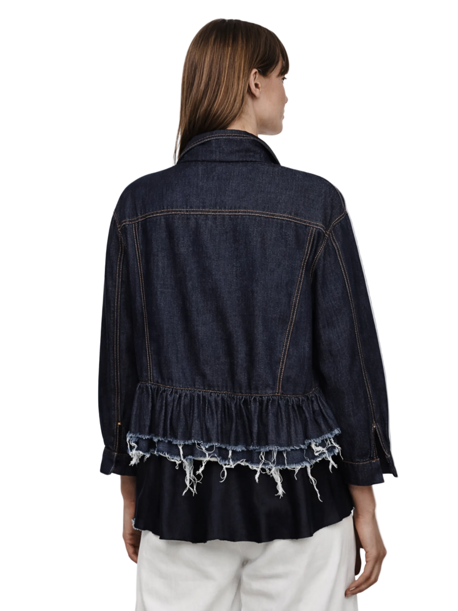  dark denim jacket with frayed hem