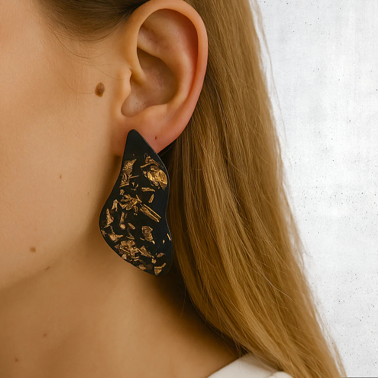 Small Black resin earrings with gold leaf