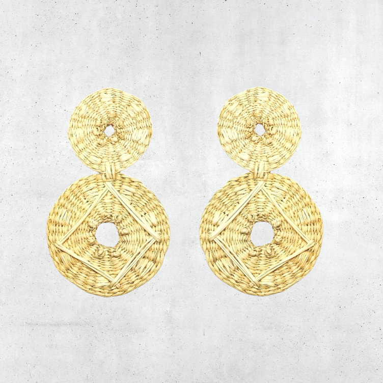 Large Double Disc Raffia Earrings With Embroidered Design