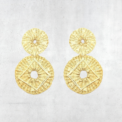Large Double Disc Raffia Earrings With Embroidered Design
