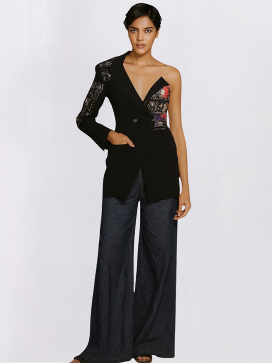 One-Shoulder Hand-Embroidered Blazer with Mirror