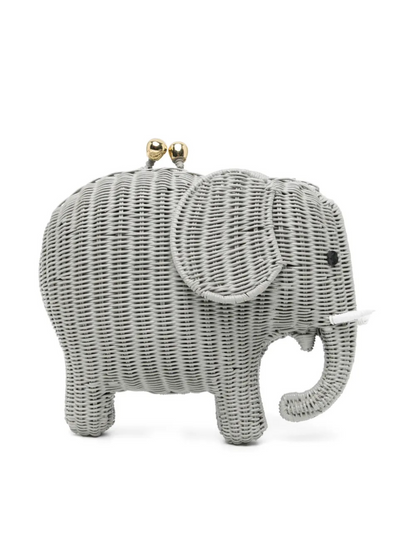 Gray elephant-shaped clutch bag with gold accents
