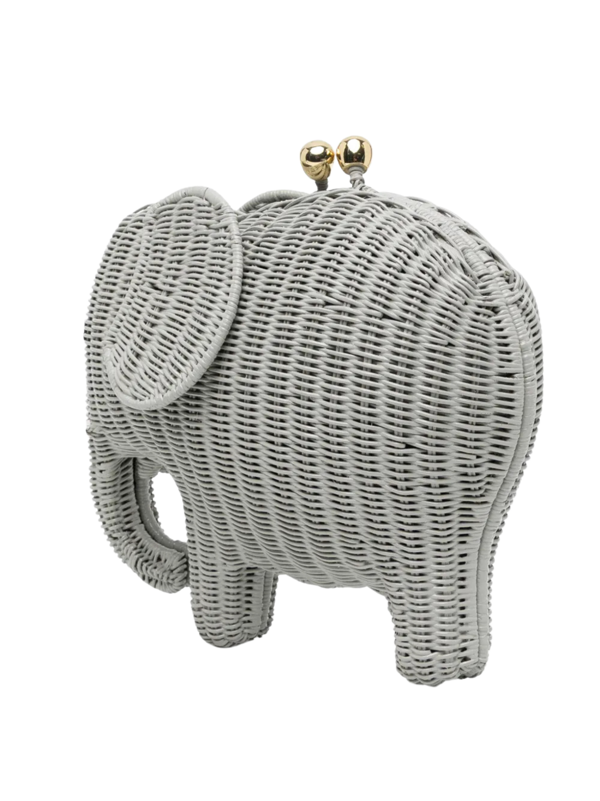 Gray elephant-shaped clutch bag with gold accents