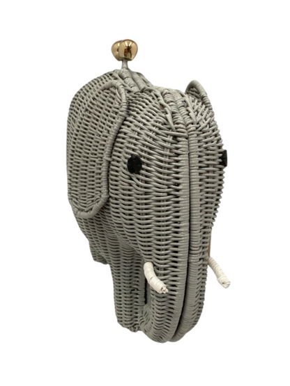 Gray elephant-shaped clutch bag with gold accents