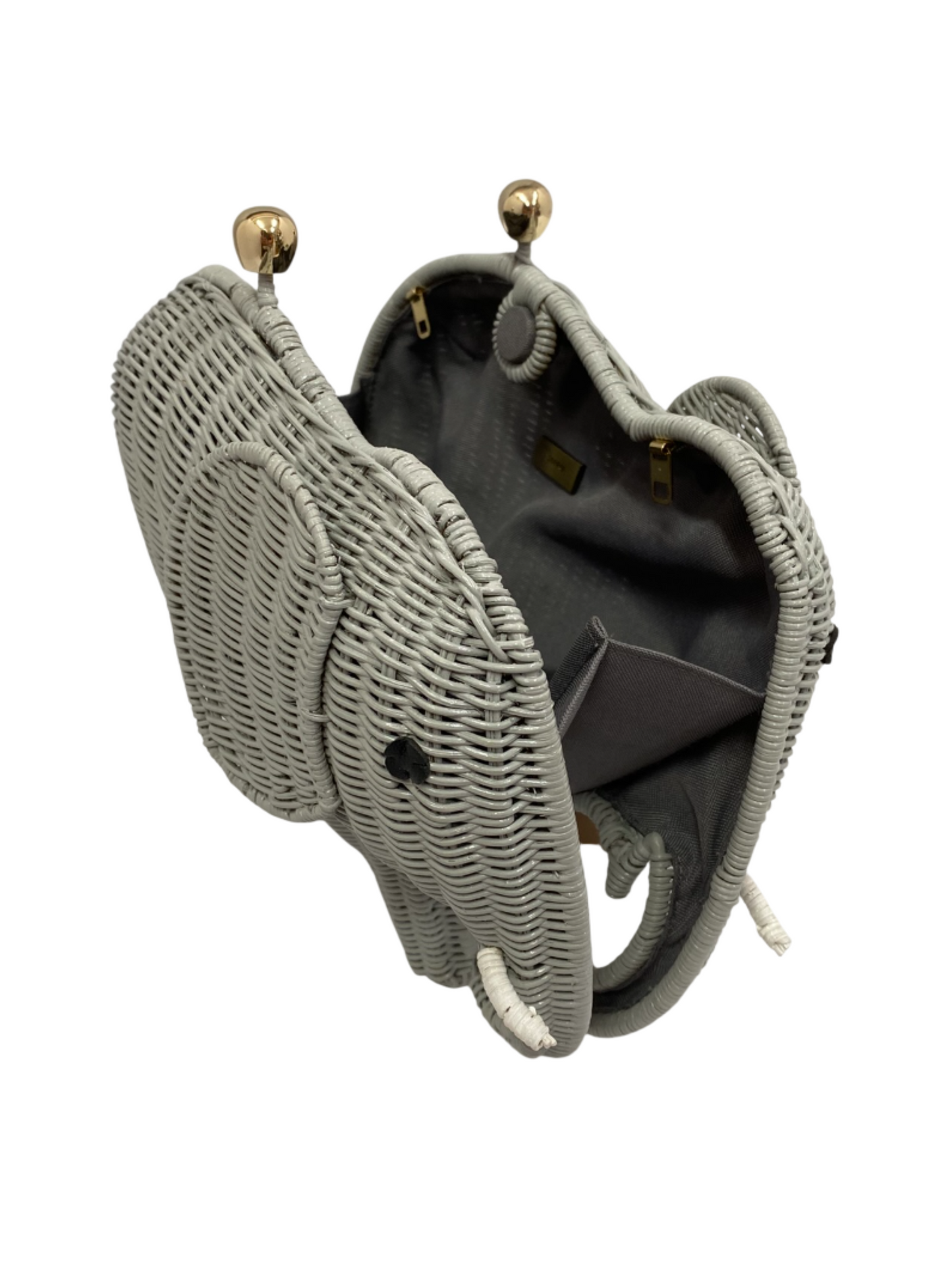Gray elephant-shaped clutch bag with gold accents