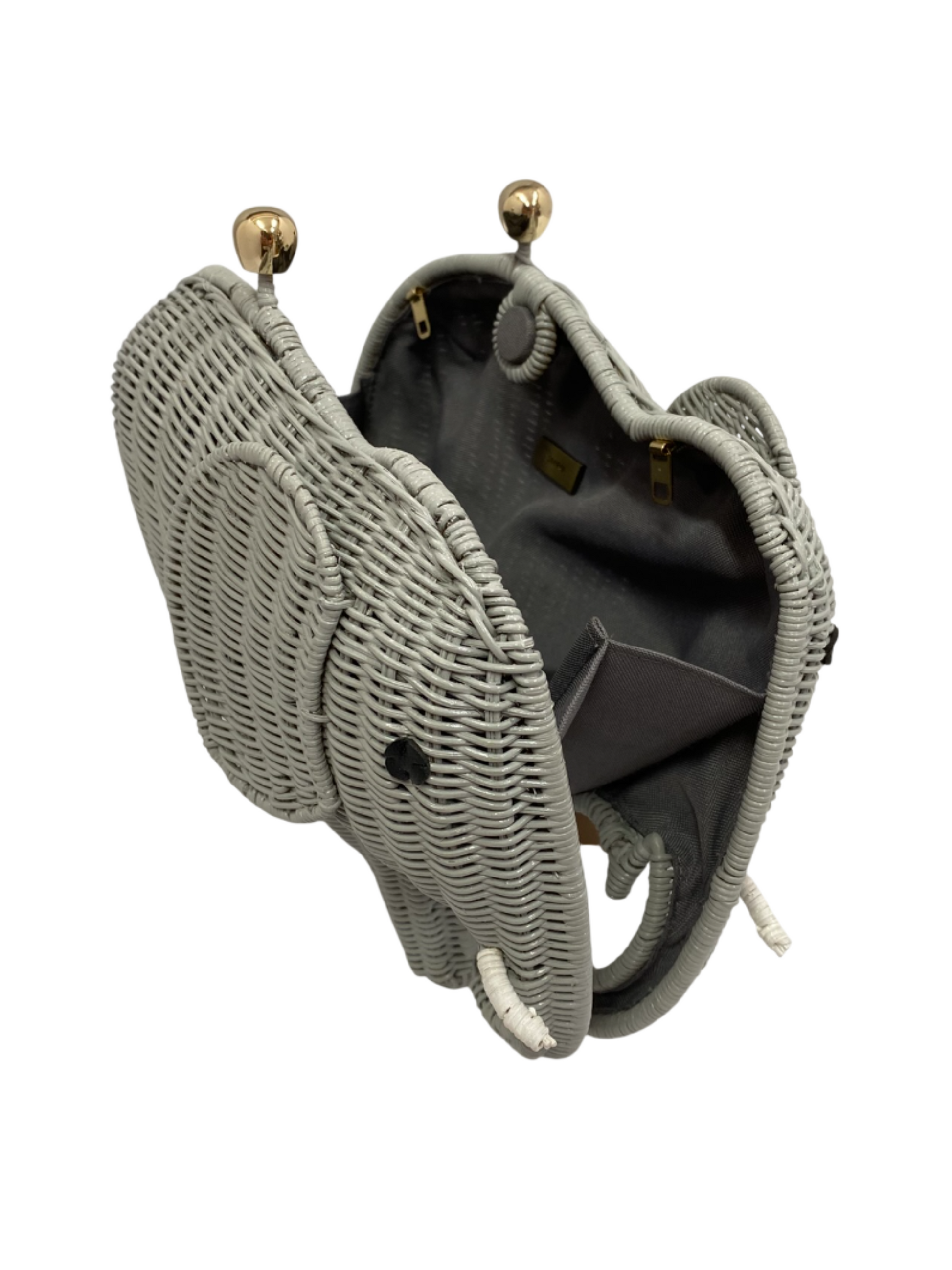 Gray elephant-shaped clutch bag with gold accents