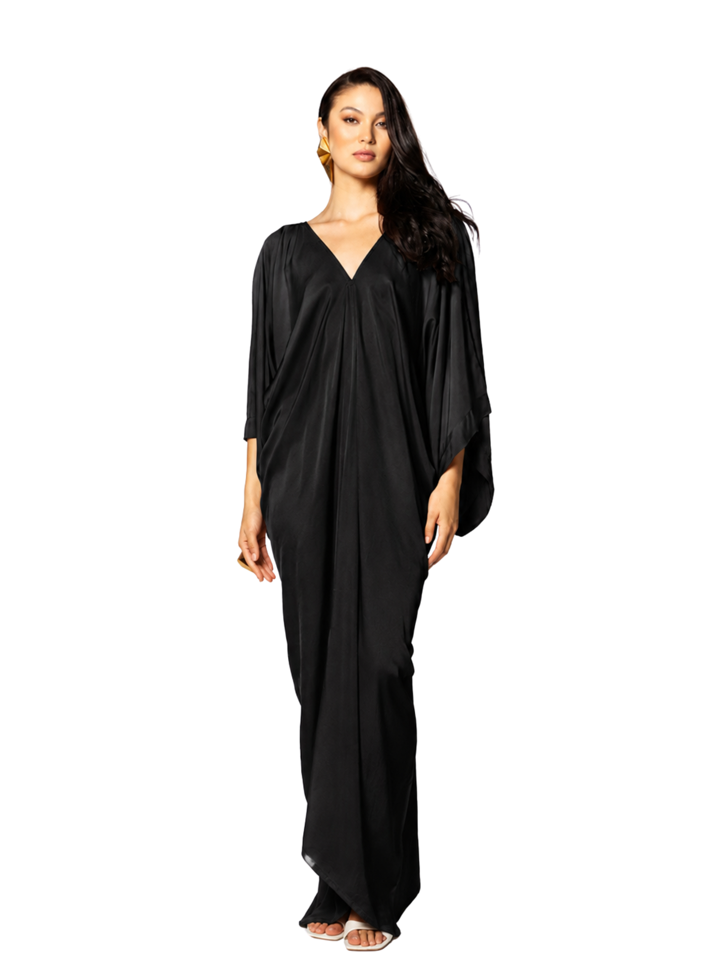 Black evening gown with a deep V-neck and long sleeves 