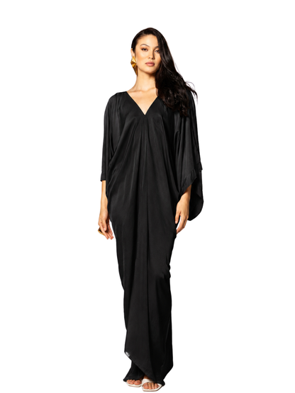 Black evening gown with a deep V-neck and long sleeves 