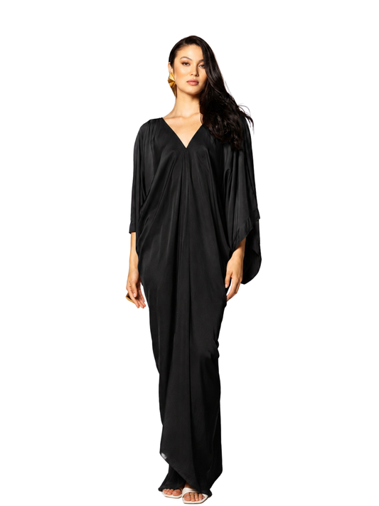 Black evening gown with a deep V-neck and long sleeves 