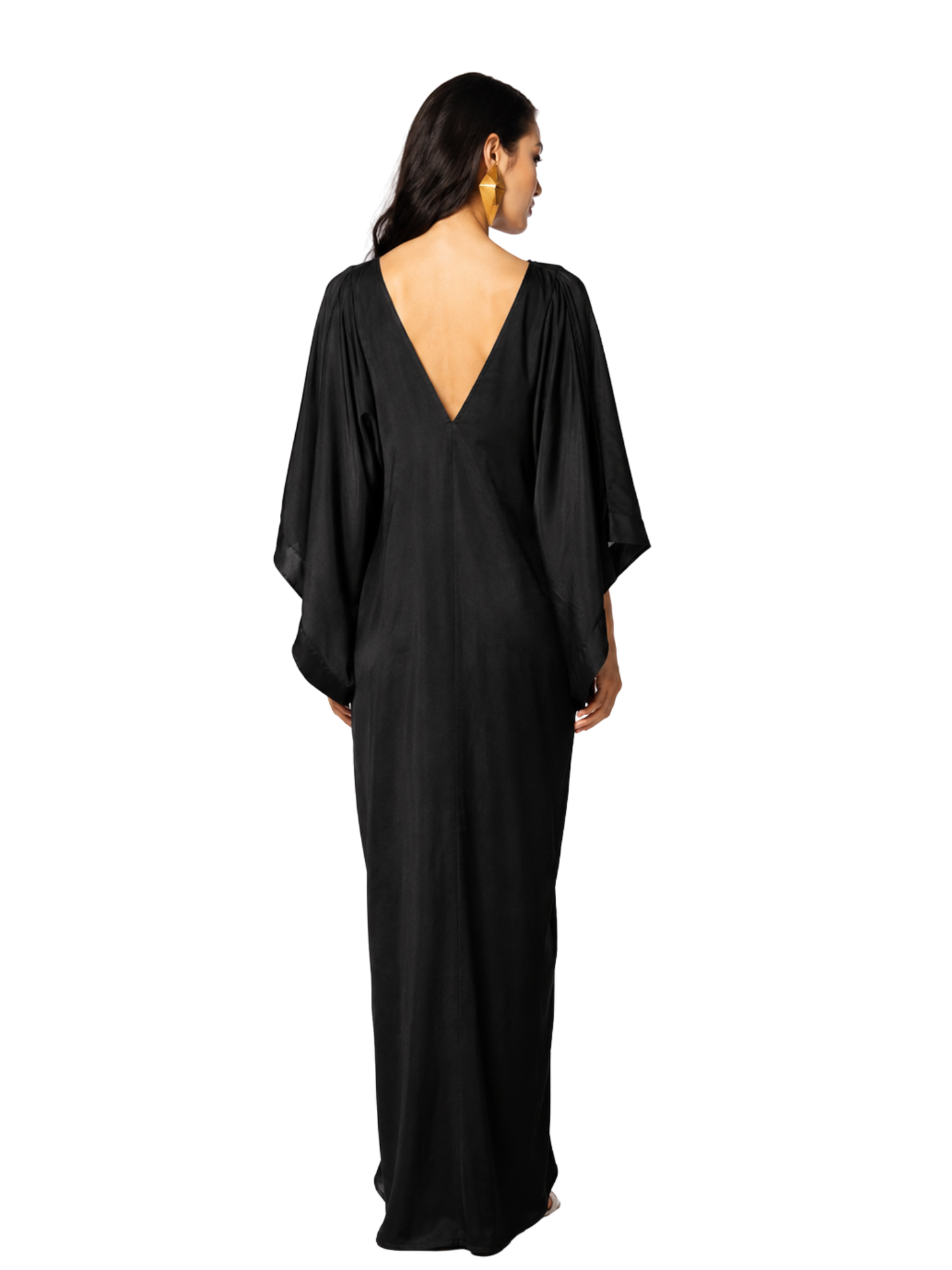 Black evening gown with a deep V-neck and long sleeves 