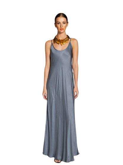 long grey silk dress