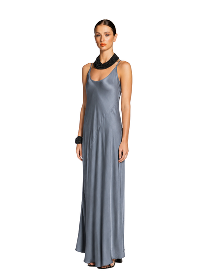 long grey silk dress