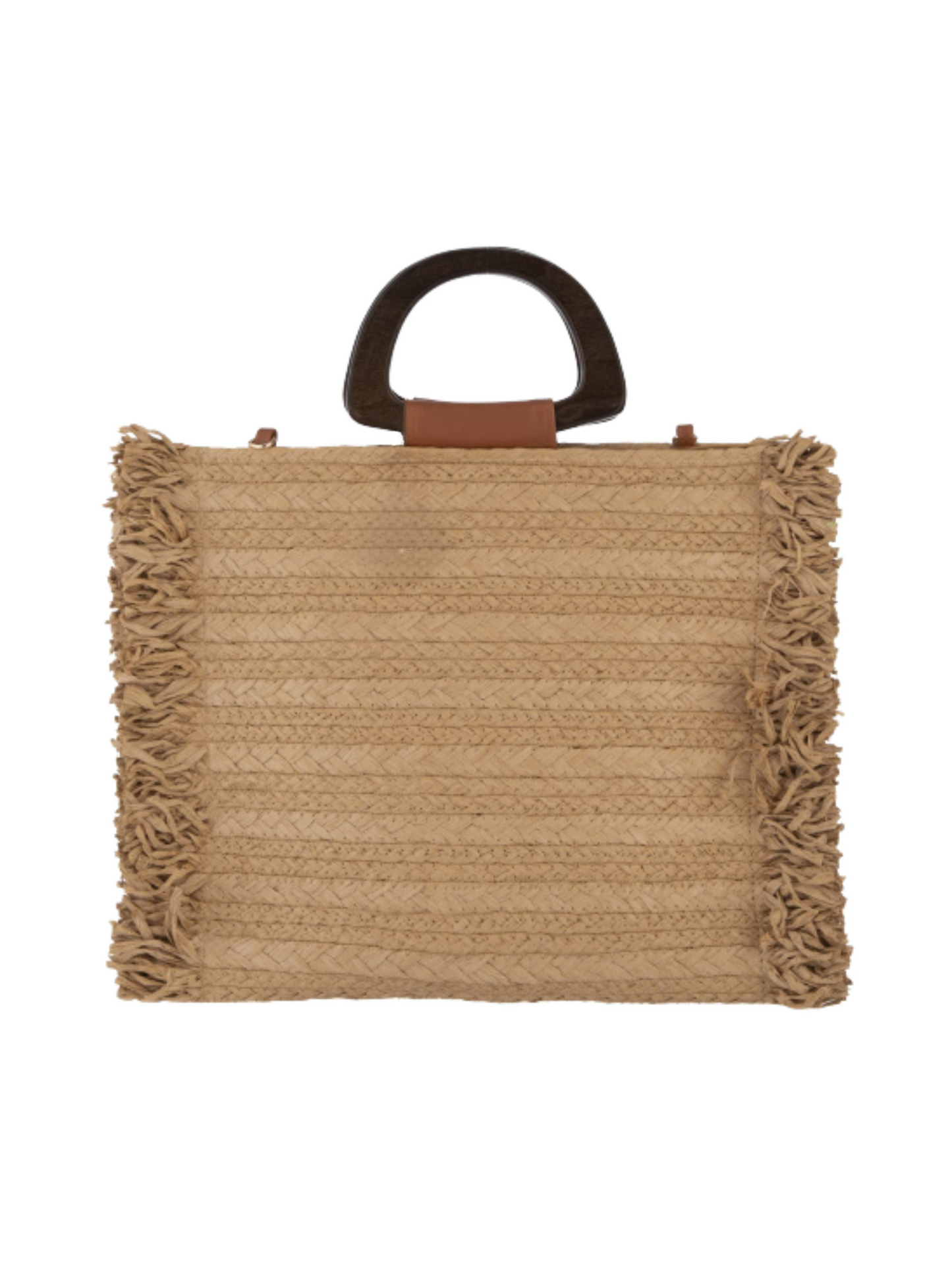 Woven handbag with fringes and wooden handle 