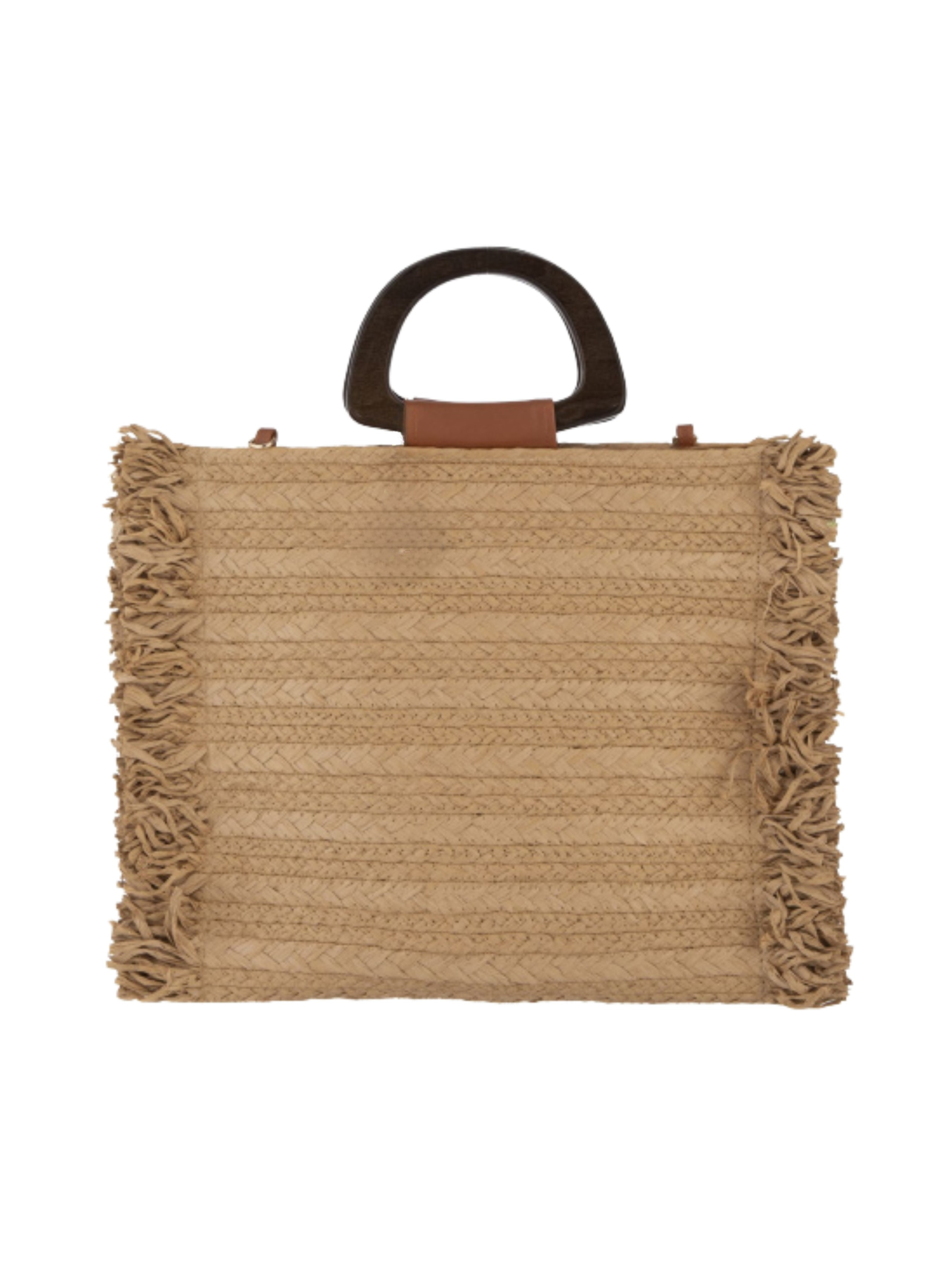 Woven handbag with fringes and wooden handle 