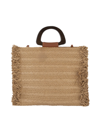 Woven handbag with fringes and wooden handle 
