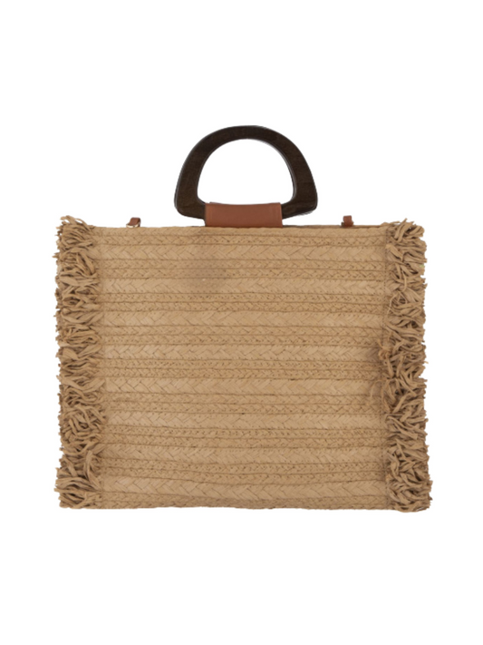 Woven handbag with fringes and wooden handle 