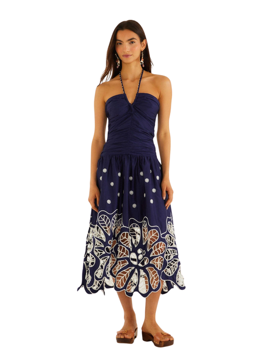 Farm Rio Navy Blue Embroidered Richelieu Midi Dress