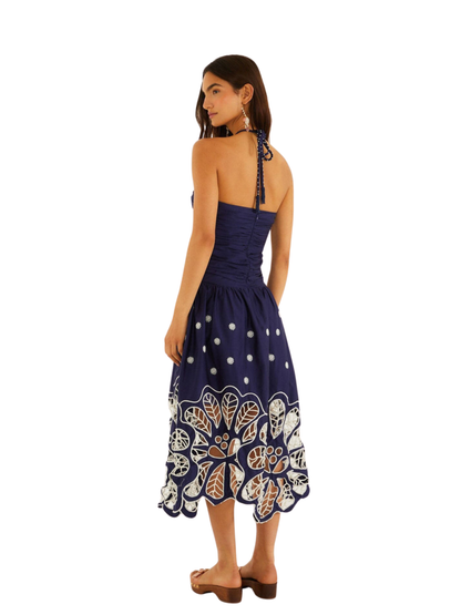 Farm Rio Navy Blue Embroidered Richelieu Midi Dress