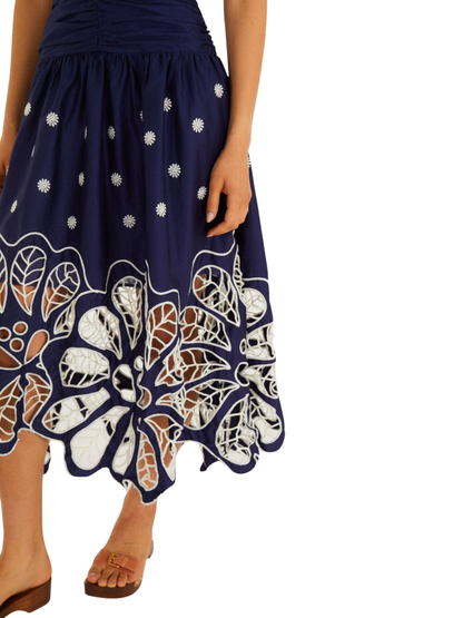 Farm Rio Navy Blue Embroidered Richelieu Midi Dress