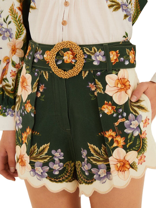 Green And White Flower Shorts  With Tailored Buckle Farm Rio 
