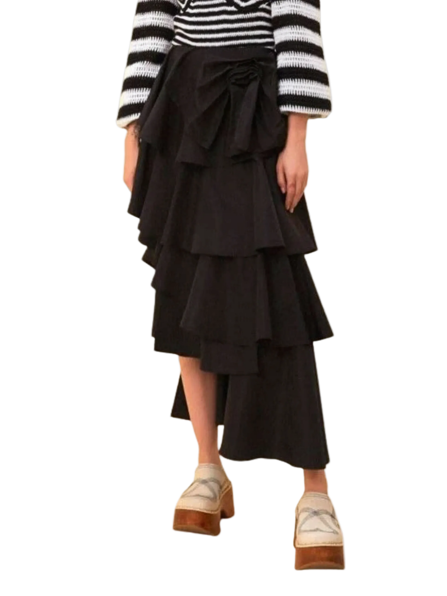 Black Layered Maxi Skirt With Ribbon By Farm Rio