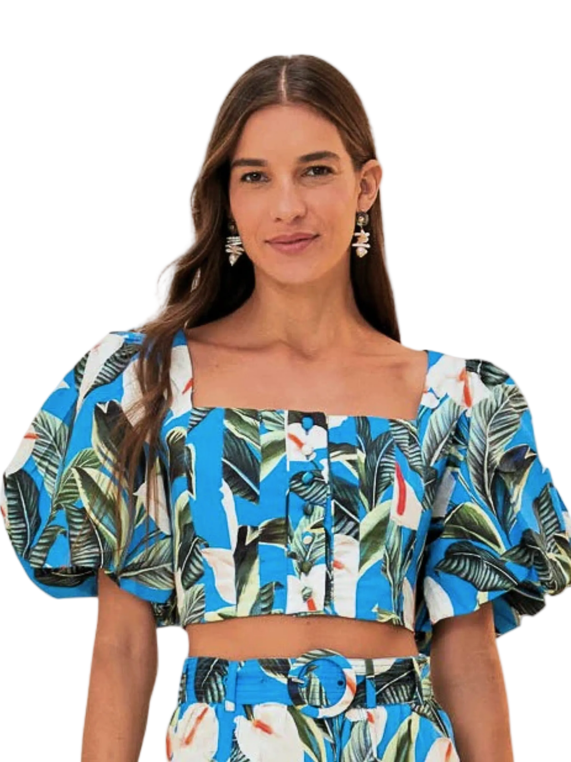 Blue Tropical Flower Pattern Top With Short Sleeves By Farm Rio