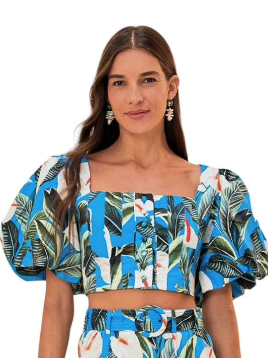 Blue Tropical Flower Pattern Top With Short Sleeves By Farm Rio