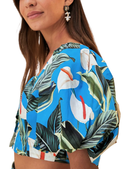 Blue Tropical Flower Pattern Top With Short Sleeves By Farm Rio
