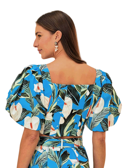 Blue Tropical Flower Pattern Top With Short Sleeves By Farm Rio