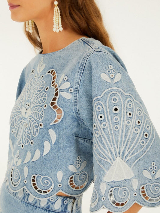 light embroidery cropped denim blouse farm rio