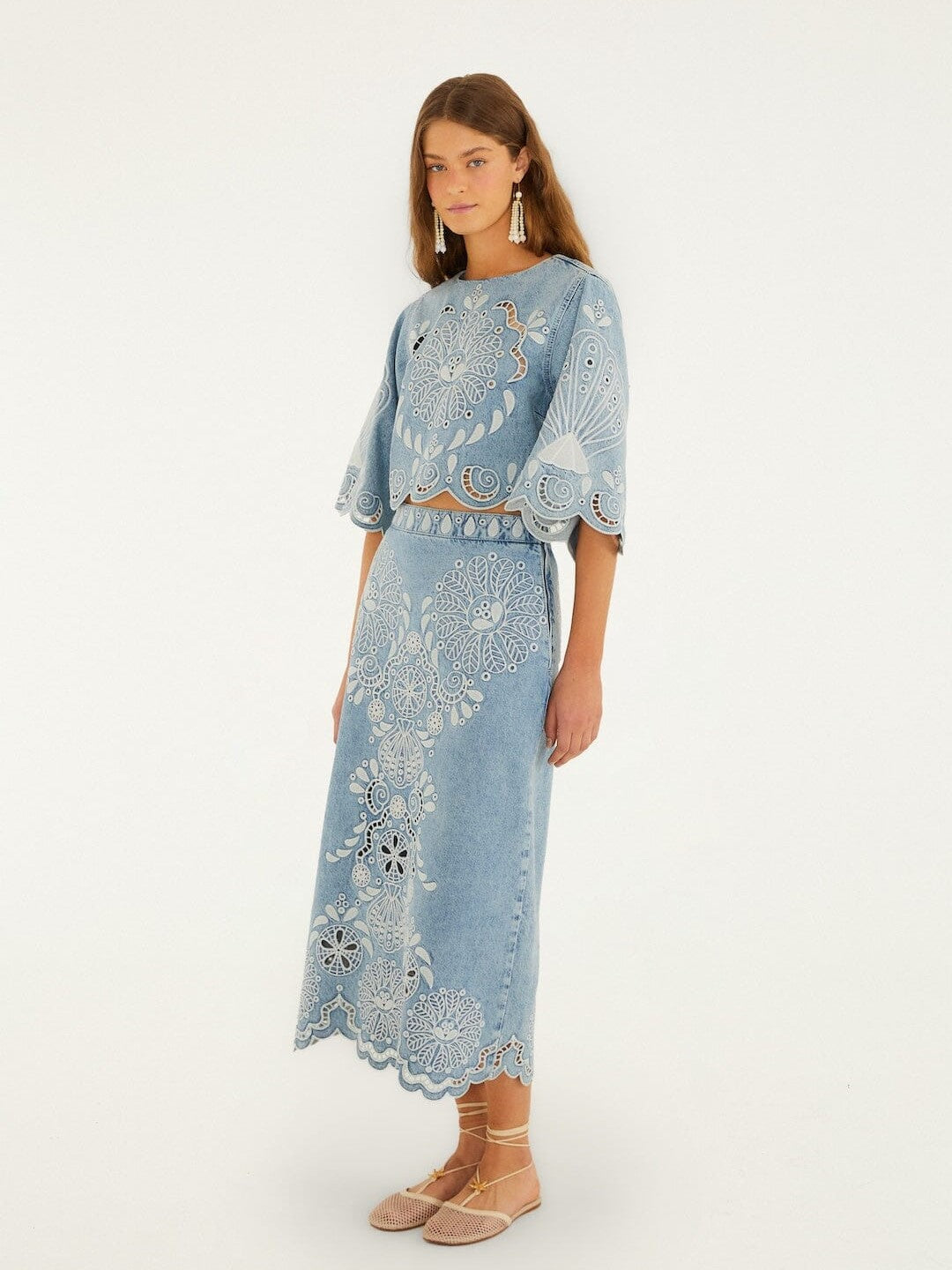  Light Blue Embroidered Denim Midi Skirt From Farm Rio