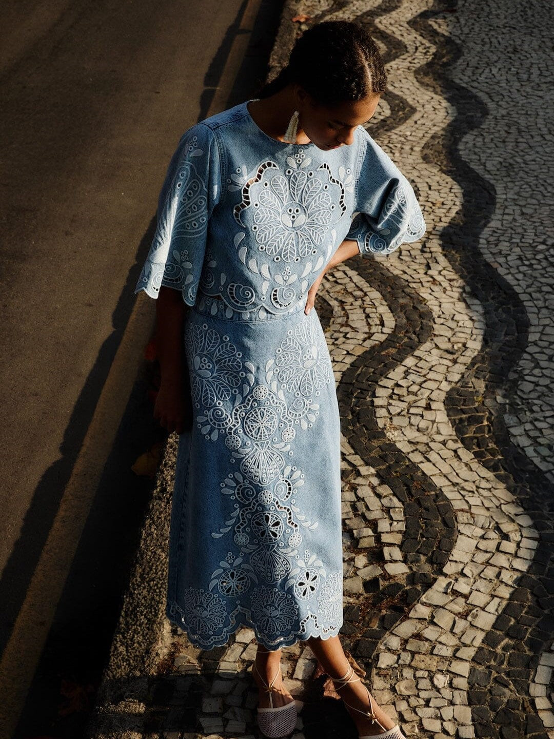  Light Blue Embroidered Denim Midi Skirt From Farm Rio