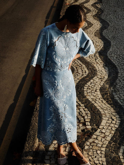  Light Blue Embroidered Denim Midi Skirt From Farm Rio