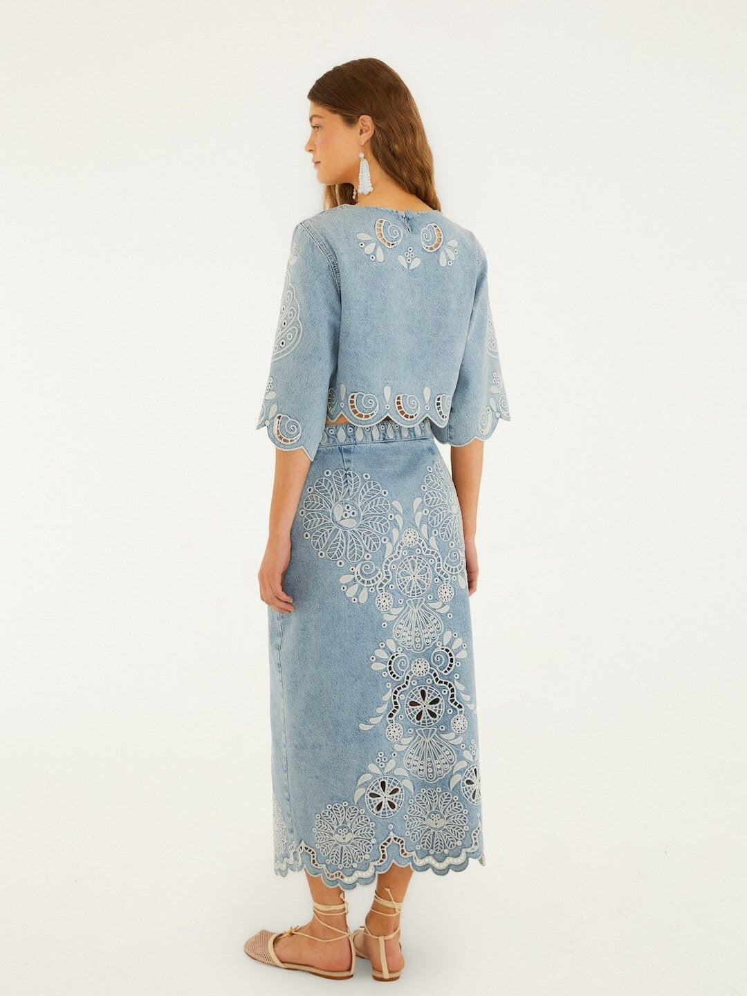  Light Blue Embroidered Denim Midi Skirt From Farm Rio