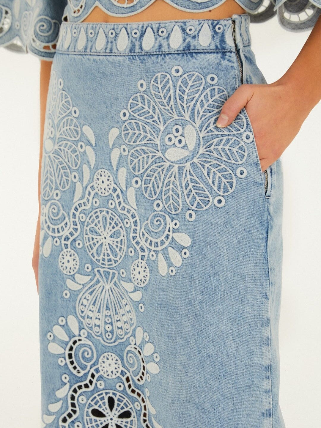  Light Blue Embroidered Denim Midi Skirt From Farm Rio