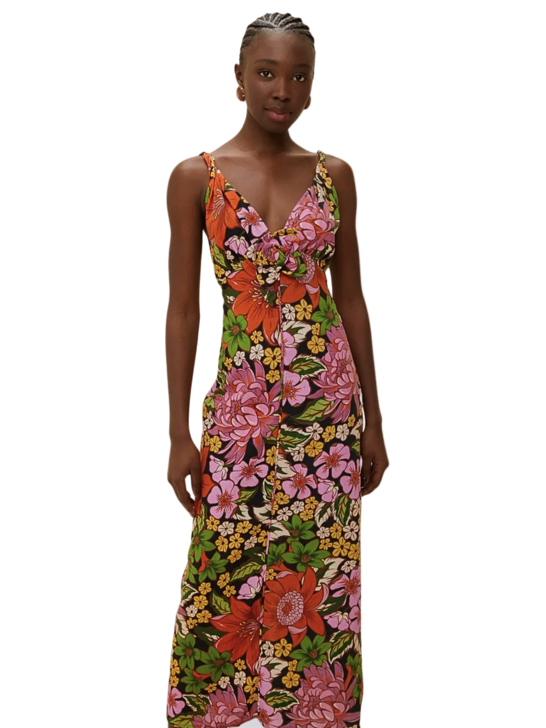 Colorful Floral Sleeveless Midi Dress With 3d Rose Detail By Farm Rio 