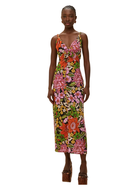 Colorful Floral Sleeveless Midi Dress With 3d Rose Detail By Farm Rio 