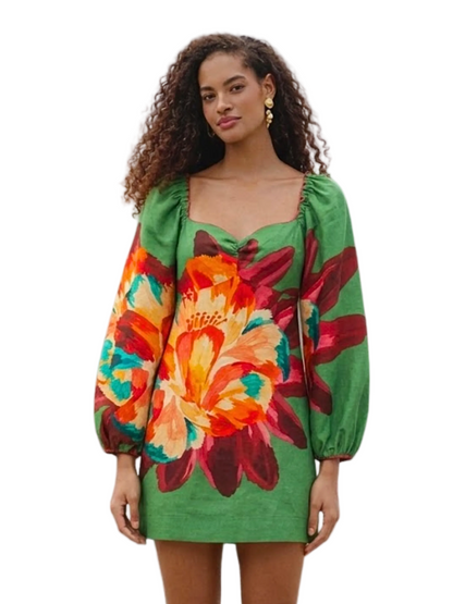 Green Linen Mini Dress With Sleeves With Flower Pattern By Farm Rio