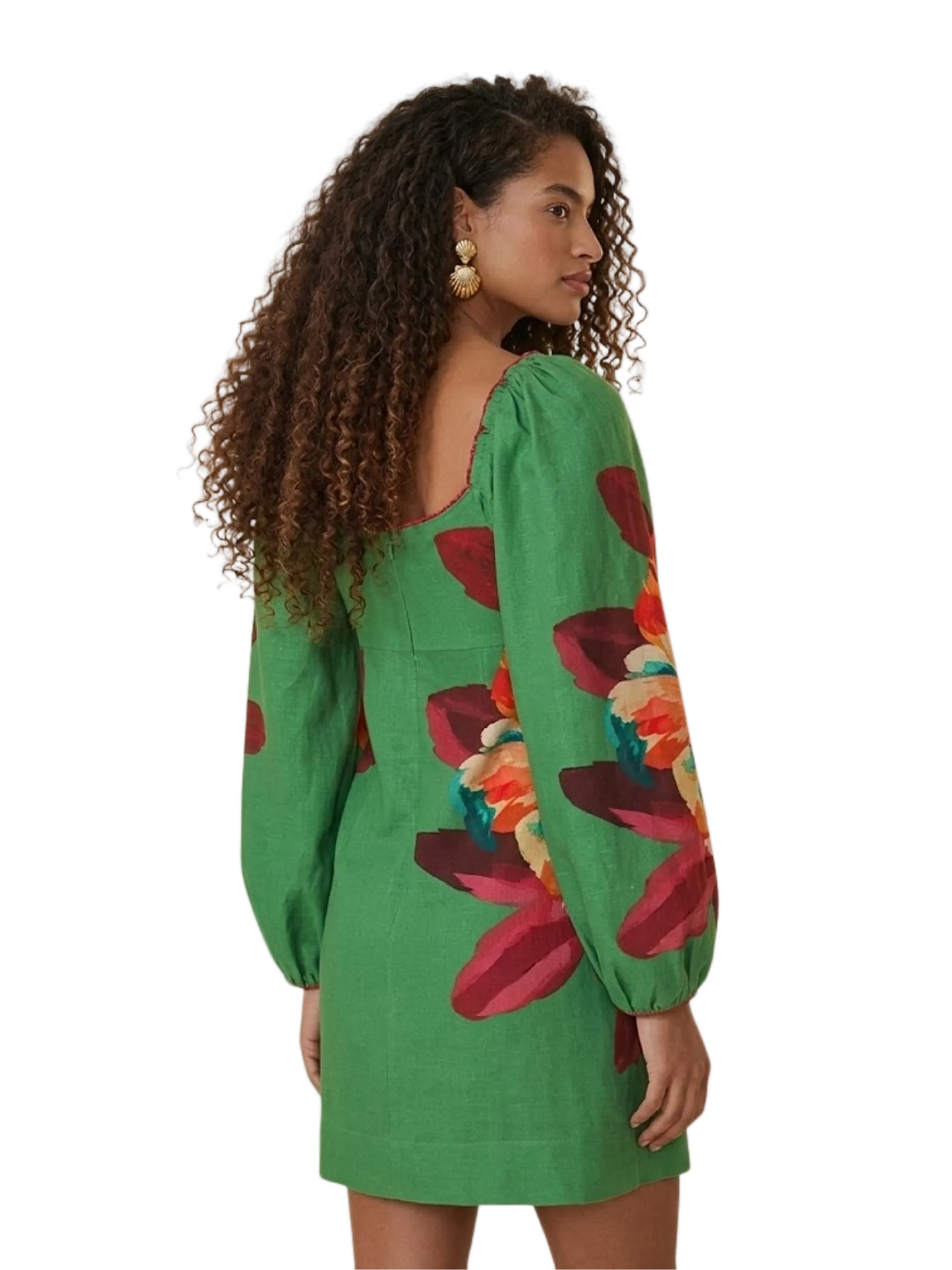 Green Linen Mini Dress With Sleeves With Flower Pattern By Farm Rio