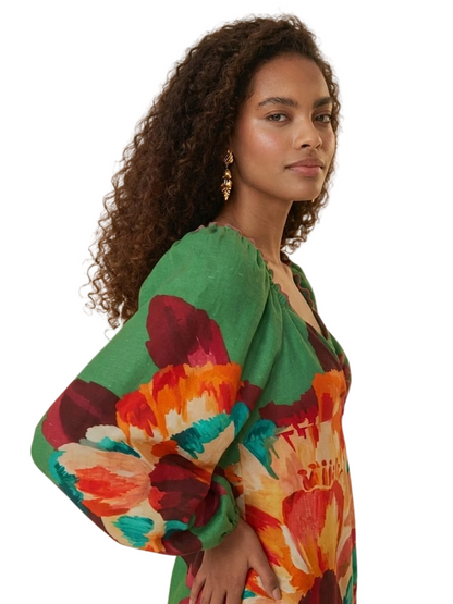 Green Linen Mini Dress With Sleeves With Flower Pattern By Farm Rio