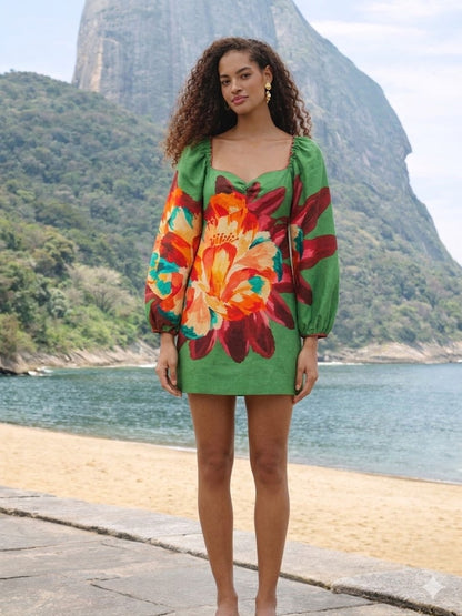 Green Linen Mini Dress With Sleeves With Flower Pattern By Farm Rio