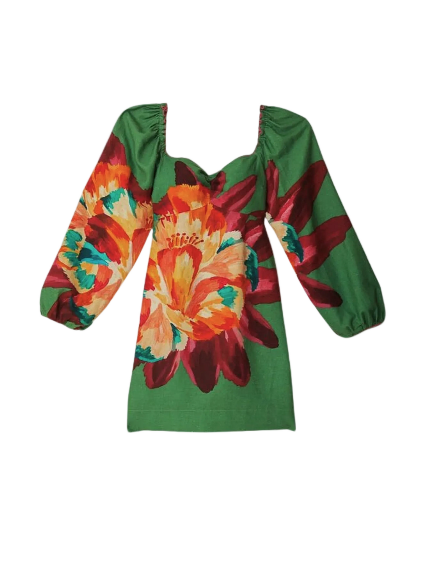 Green Linen Mini Dress With Sleeves With Flower Pattern By Farm Rio