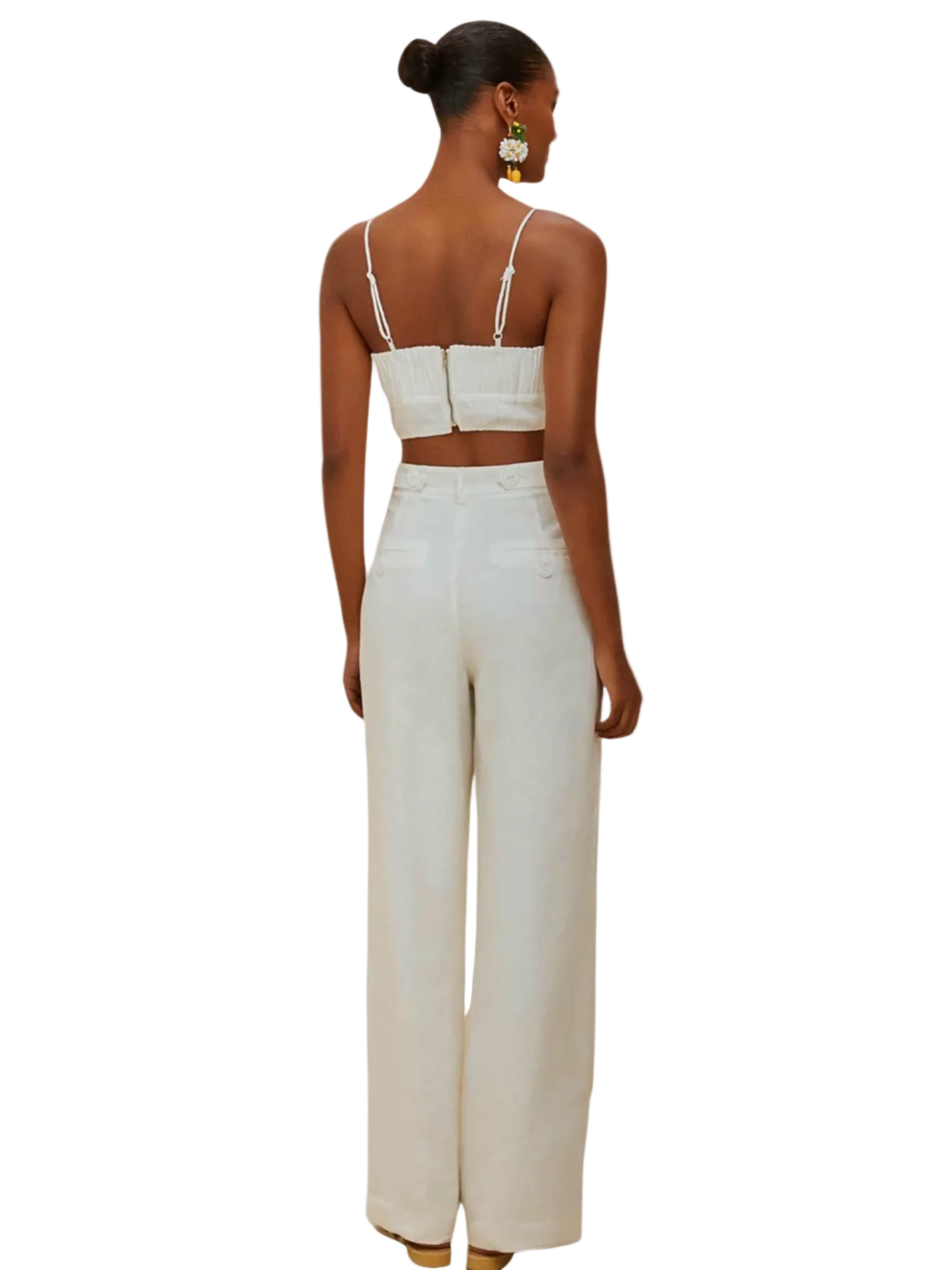 White Linen Pants With Wavy Detail And Shell Buttons By Farm Rio 