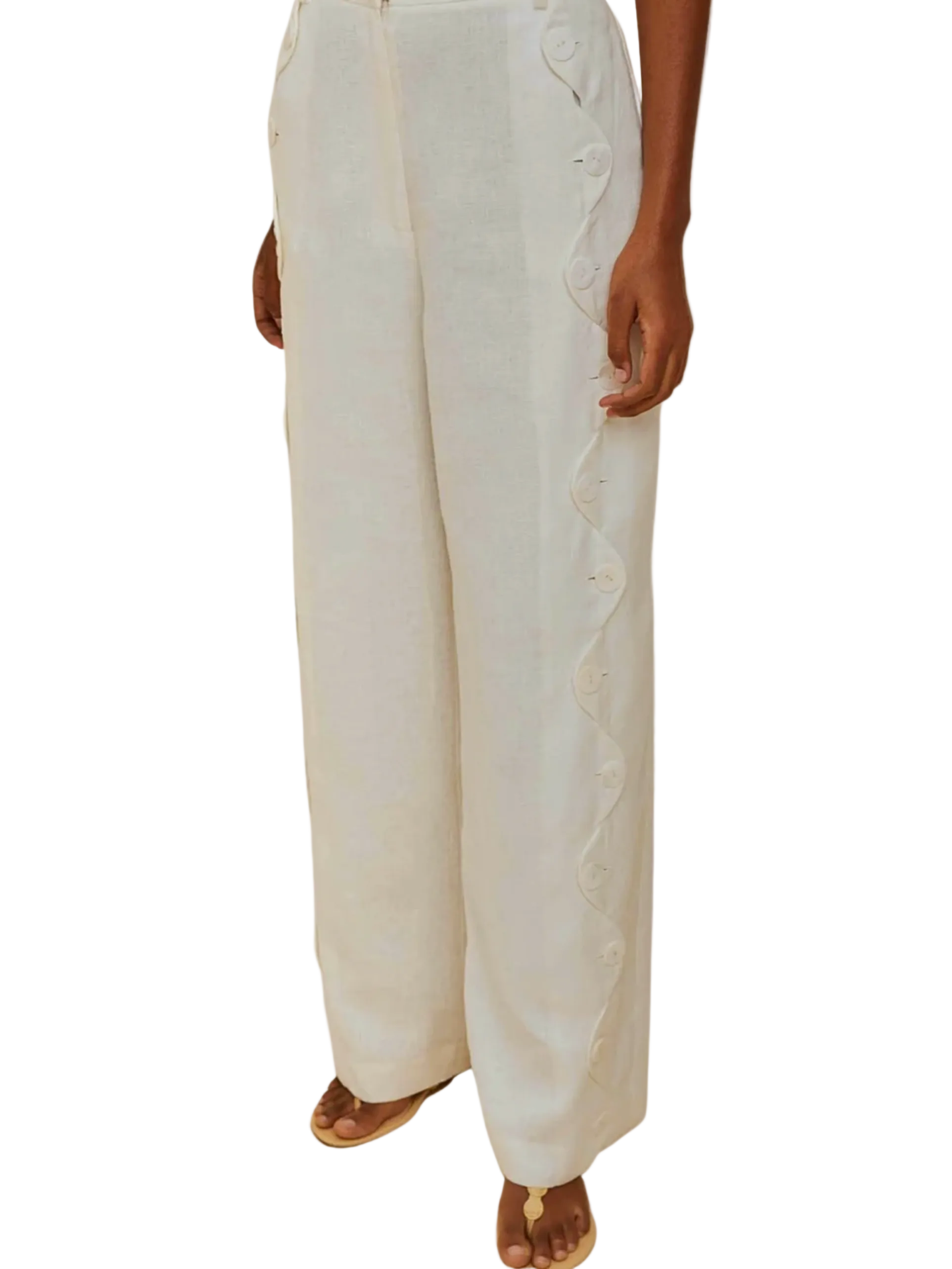 White Linen Pants With Wavy Detail And Shell Buttons By Farm Rio 