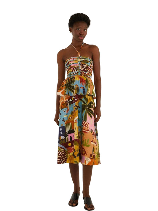 colorful strapless dress with a pattern 