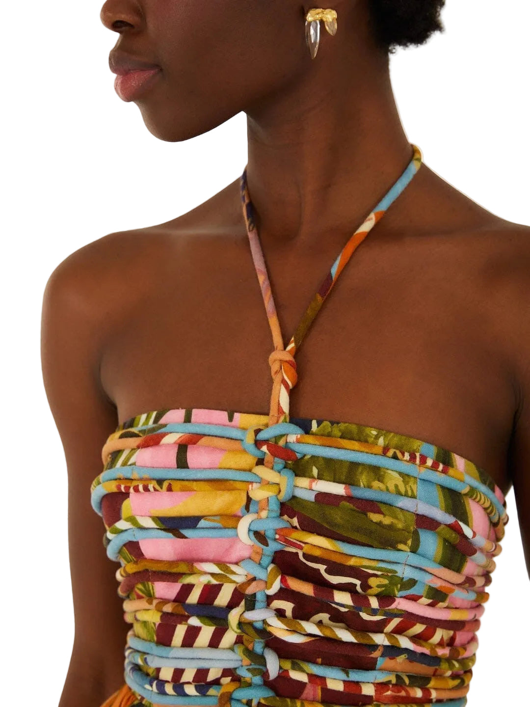 colorful strapless dress with a pattern 