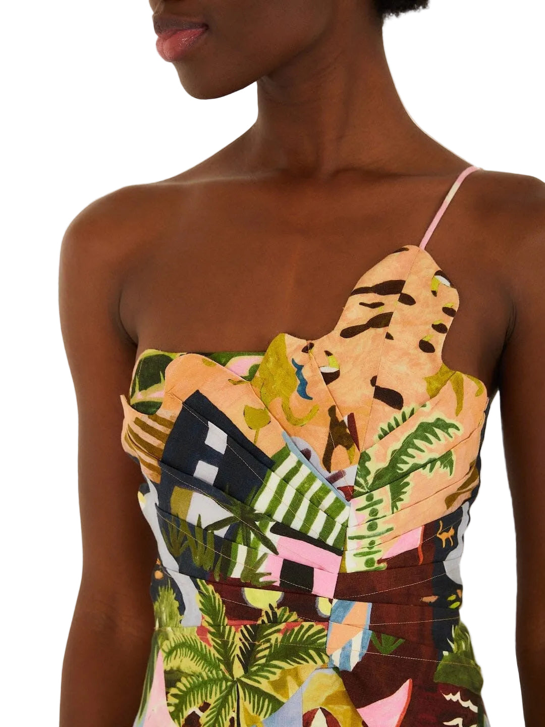  colorful patterned dress with 3d leaf motif