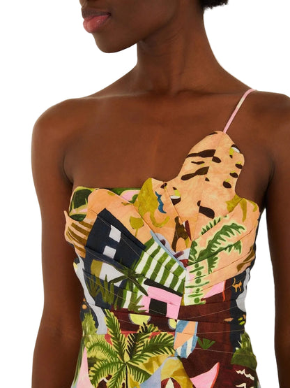  colorful patterned dress with 3d leaf motif